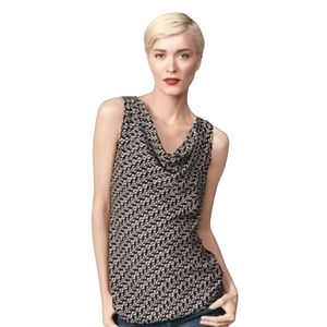 CAbi Cat Lovers Sleeveless Blouse Heart Print Cowl Draping Neck Rayon Tank Top